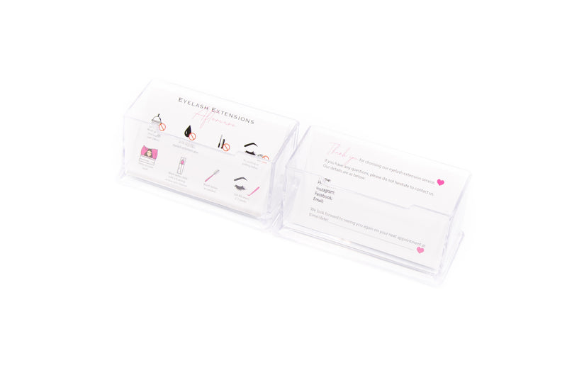 Our Business Card Holder comes in landscape orientation which is suitable for the majority of business card or loyalty card designs. This is the perfect holder for our Lash Aftercare And Business Card.   Key Features:  - Free standing so it can be placed anywhere in your salon - Dimensions: 103 x 43 x 42 mm
